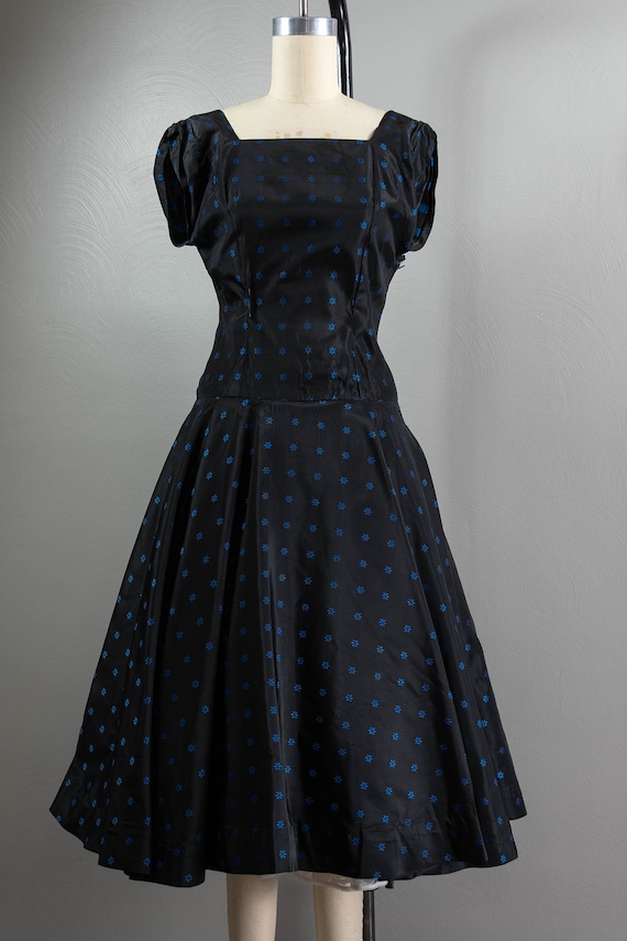 50s Black and Blue Brocade Drop Waist Party Dress… - image 4
