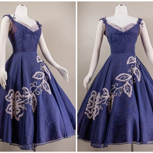 Lovely 50s Navy Blue Net Party Dress, Lace Ruffled Sweet Hart Bust, Full circle skirt, As-is