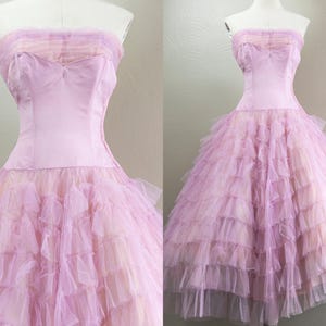 Frilly 50s Pink Tulle Drop Waist Party Dress, Strapless, Tiered Skirt, Extra Small