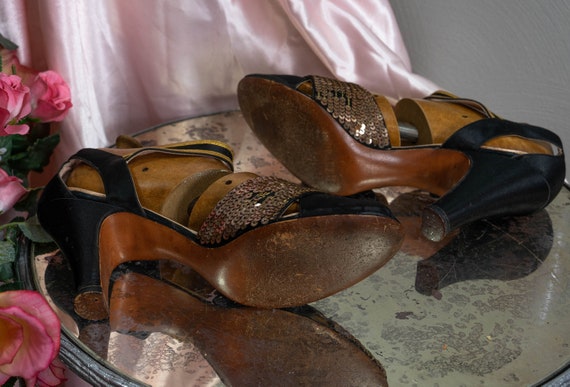 Glamorous 40s Black Satin Peep-Toe Heels with Gol… - image 10