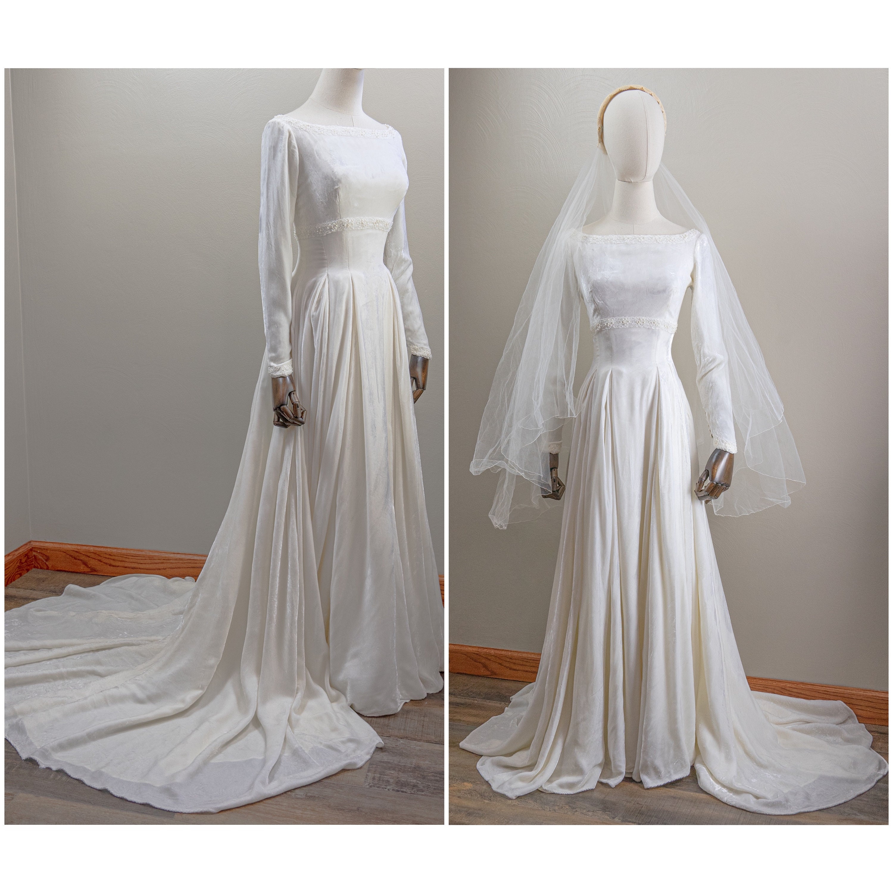 50s/60s Velvet Wedding Dress: Lace Pearl Trim, Court Train, Small