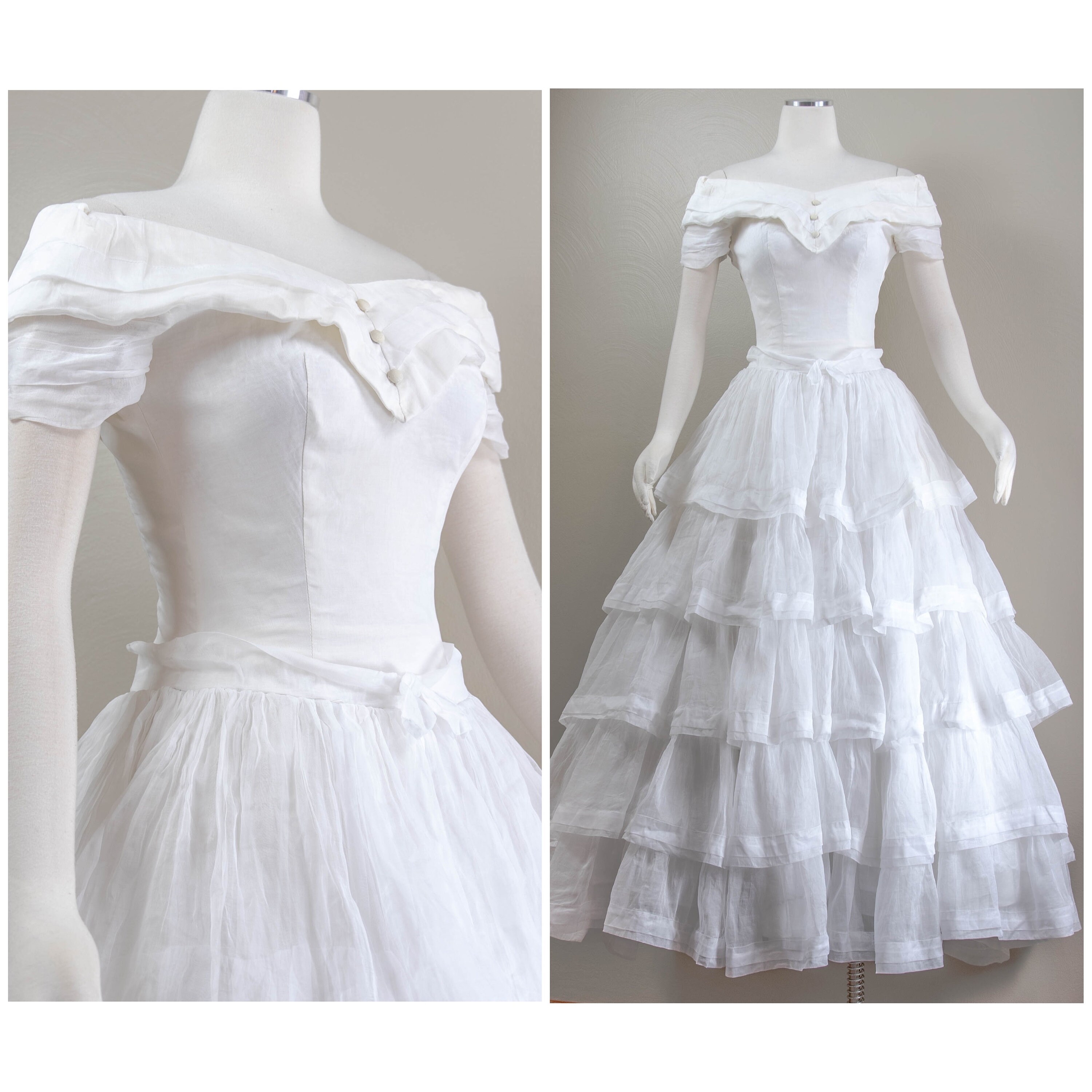 Gorgeous 50s 60s White Cotton Organdy Victorian Styled Ball Gown Wedding Dress Off The Shoulder Tiered Skirt Button Up