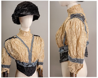 Antique Edwardian Lace Bodice: Embroidered Silk Cummerbund, Small (As Is)