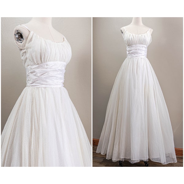 Darling 50s/60s White Nylon Chiffon Swiss Dot Ball Gown, Frilly, Wedding Dress, Prom