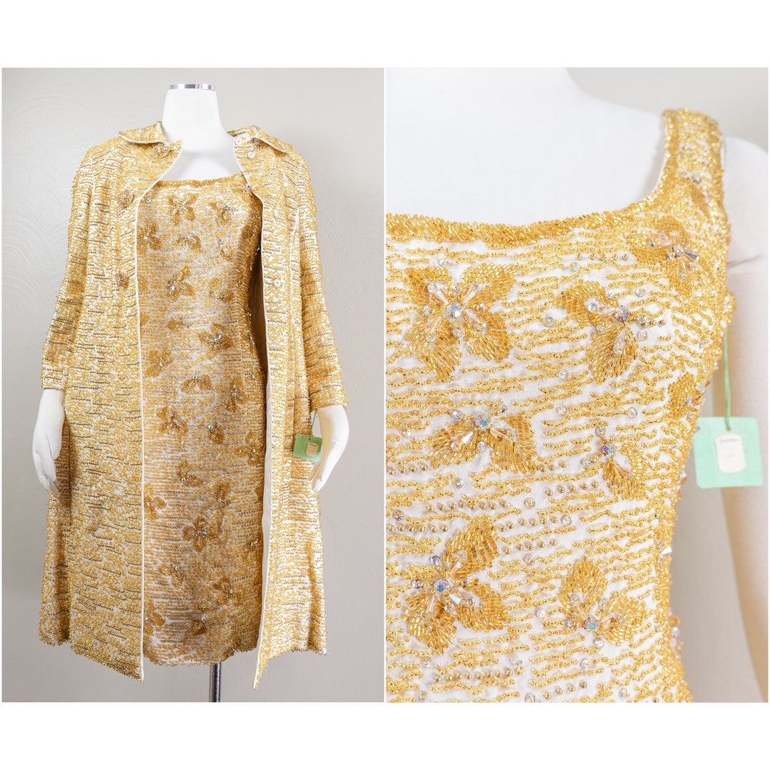 50s/60s Gold Beaded Dress & Swing Coat Set - Saks Fifth Ave, NWT