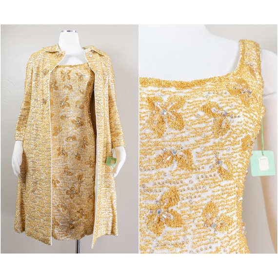 50s/60s Gold Beaded Dress & Swing Coat Set - Saks Fifth Ave, NWT - Etsy UK