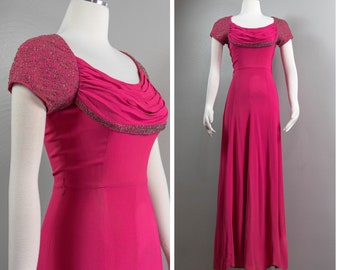 Vibrant 40s Hot Pink Crepe Rayon Evening Gown, Gold Beading and Embroidery, Jack Herzog, As-is