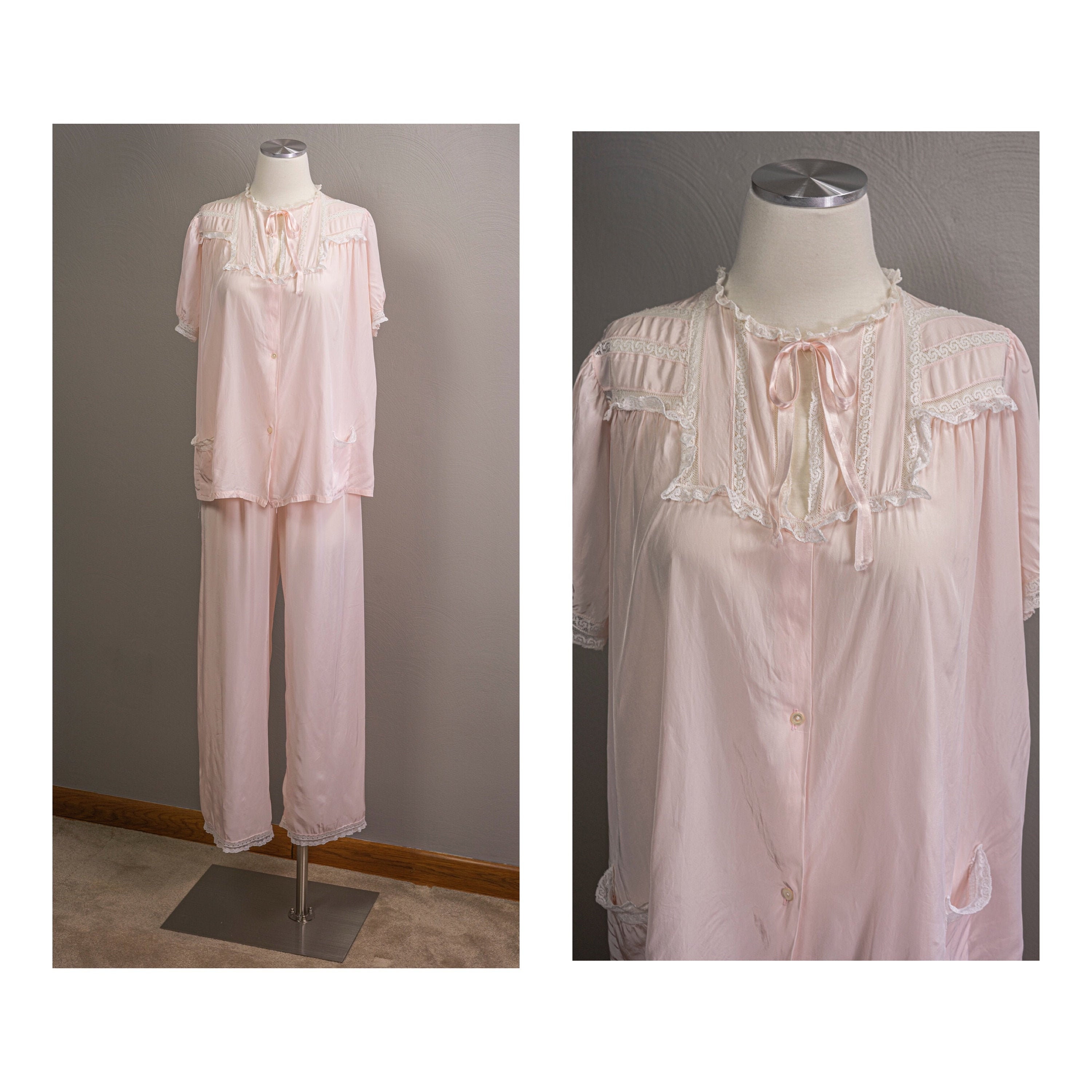 Vintage 40s Feminine Pajamas Set Baby Pink Rayon Laces Trim | Etsy