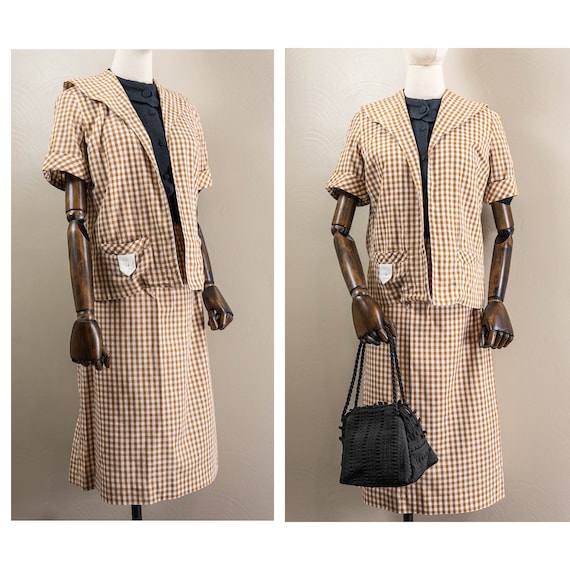 Chic Academia Styled 50s 60s Brown Gingham Suit Set Short Sleeve Jacket Pencil Skirt Etsy Canada