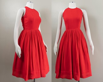 50s/60s Red Chiffon Party Dress, Full Skirt, Sears, Cocktail/Holiday Dress, Small