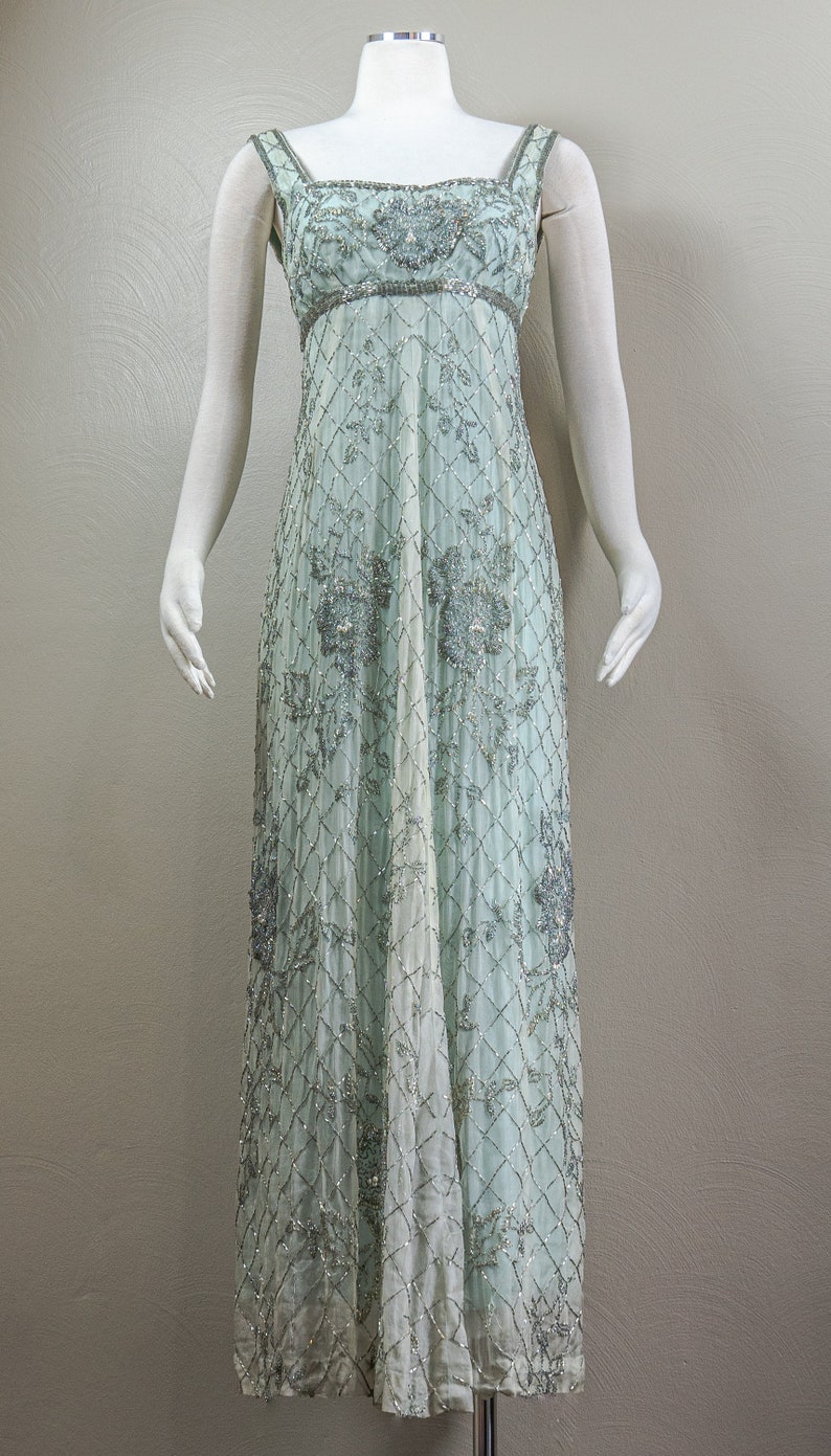 Stunning 60s Rosalie MaCrini Beaded Teal Silk Organza Evening Dress, Empire Waisted, Grecian Style image 2
