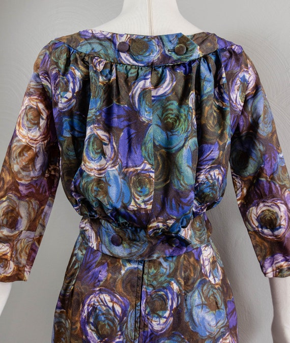 Funky 50s/60s Blue and Brown Rose Printed Wiggle … - image 7