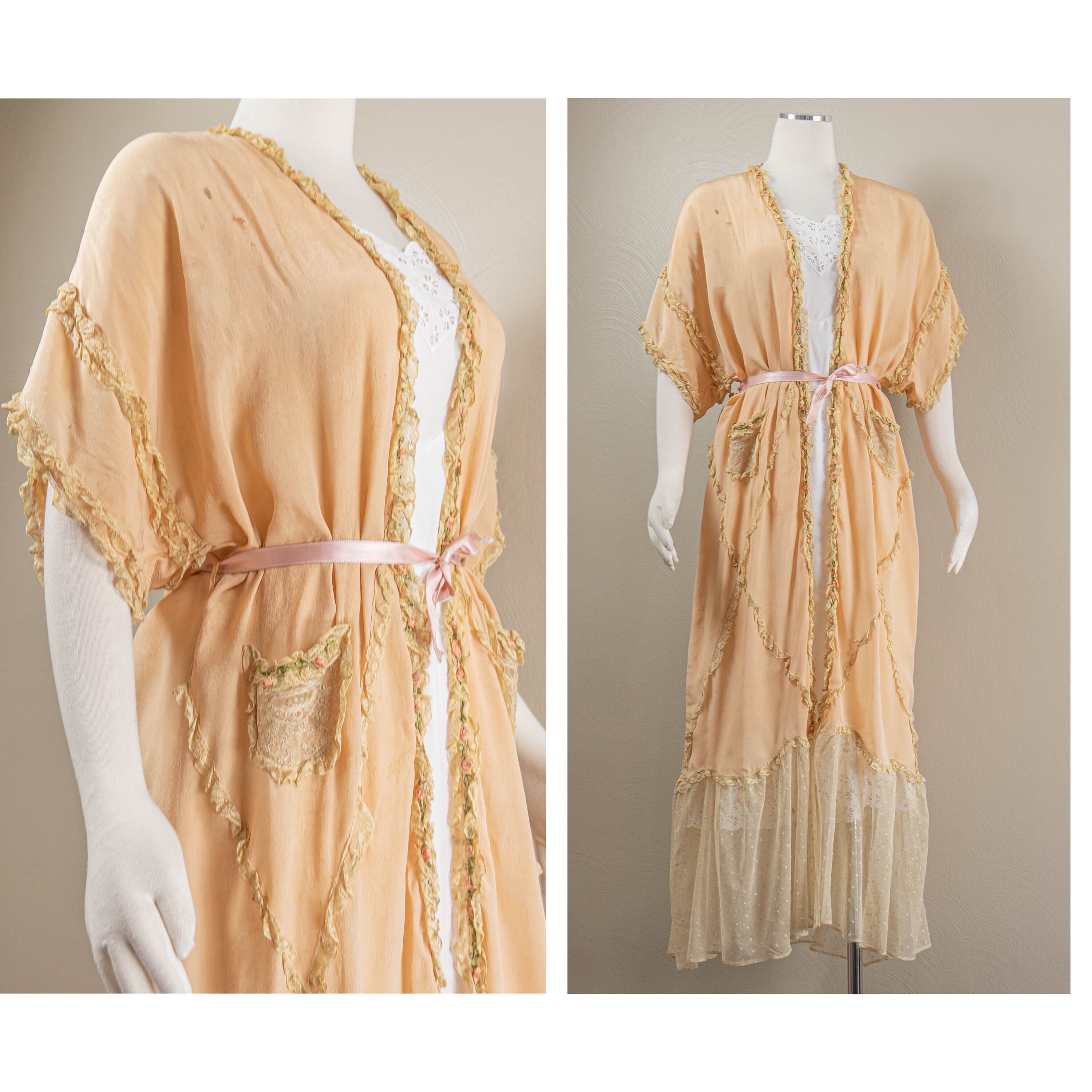 Gorgeous 1910s-20s Pink Silk Robe With Frilly Lace, Silk Roses 