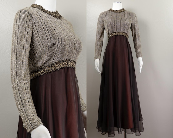 70s Brown Lurex Knit and Mocha Chiffon Maxi Dress, Lord & Taylor, Large