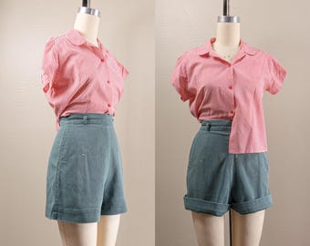 Pantaloncini in denim verde acqua anni '50/'60, vita alta, taglia piccola