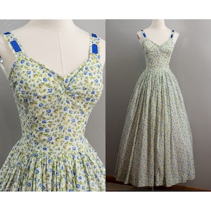 Darling 30s/40s Blue and yellow Rose Printed Cotton Summer Dress, Sweetheart Bust