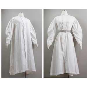 Antique Victorian Ca. 1860 Drop Shoulder White Linen Nightgown, Balloon Sleeves,  Lace Trim, High Collar