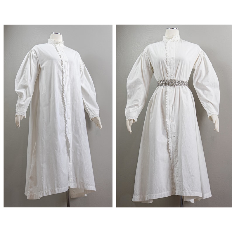 Antique Victorian Ca. 1860 Drop Shoulder White Linen Nightgown, Balloon Sleeves, Lace Trim, High Collar image 1