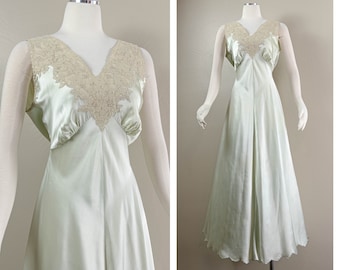 Beautiful 30s/40s Pastel Blue Silk Nightgown, Lace Neckline, Hand Sewn Details, Scalloped Hem