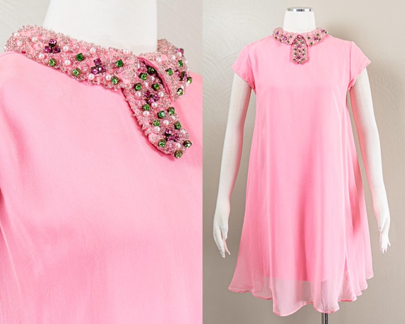 beaded collar shift dress 60s Pink Silk Mini Dress: Collar, Rhinestone & Pearl, Large coral cocktail dress