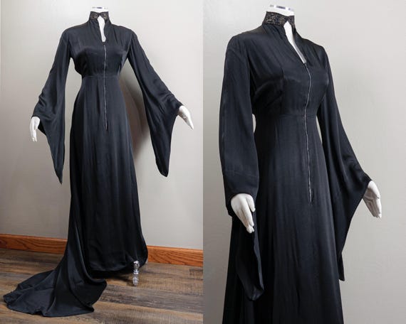 30s/40s Black Satin Dressing Gown: Lame Collar, Bell Sleeves, Train, Vampy, Medium