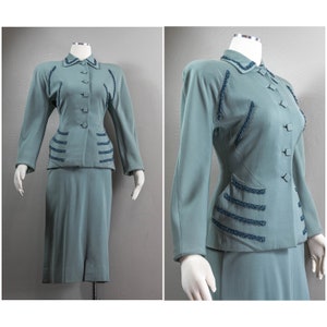 Chic French Gray 40s Wool Skirt Suite, Beaded Swag Fringe, Pencils Skirt, Pockets, Shoulder Pads