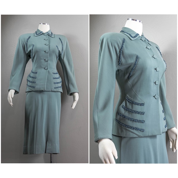 Chic French Gray 40s Wool Skirt Suite, Beaded Swag Fringe, Pencils Skirt, Pockets, Shoulder Pads