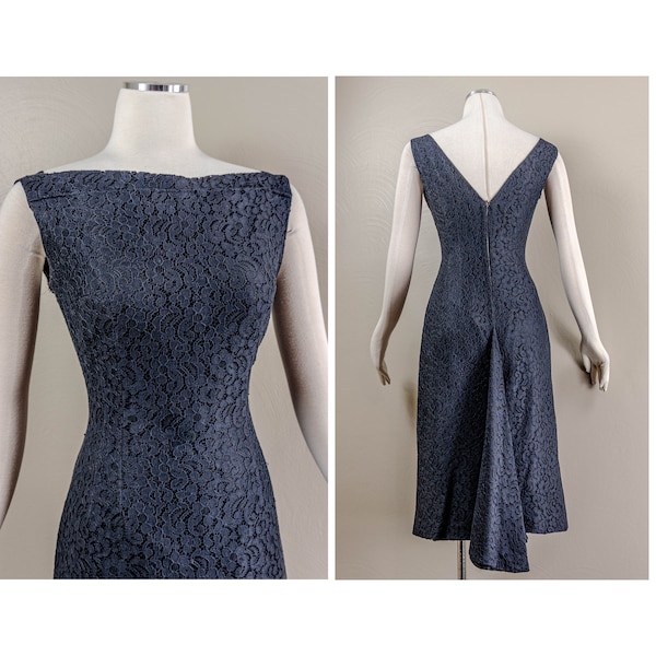 Stunning 50s Midnight Blue Lace Wiggle Dress, Deep V back, Pencils Silhouette, Swish Swag