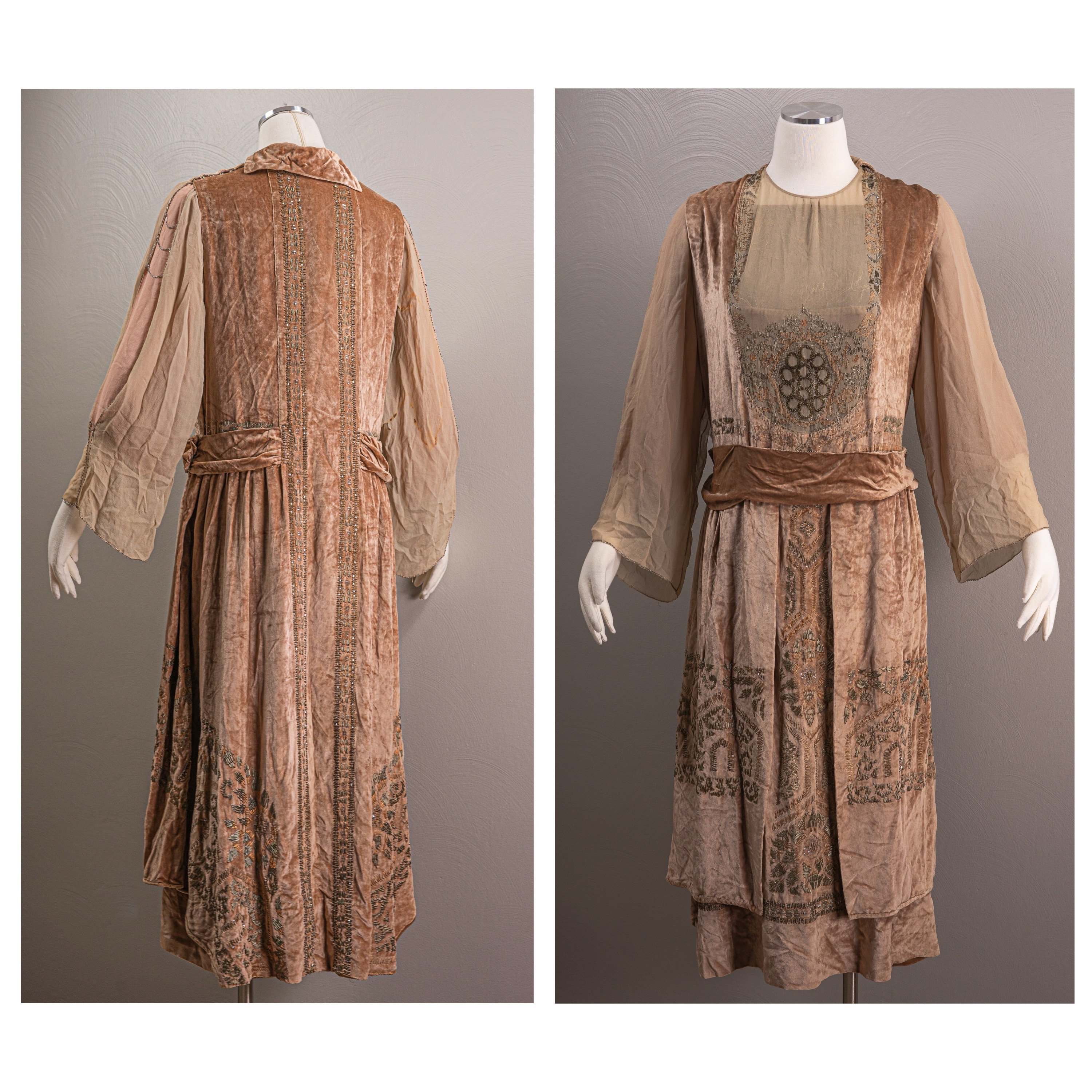Antique 1910S Velvet Evening Dress Eleanor O'donovan Edwardian Gown, Metallic Embroidery, Large