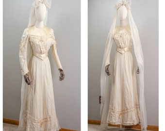Antique Victorian Wedding Gown: Silk Cotton Bodice, Skirt & Veil, 1890s, Extra Small