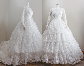 50s 60s Lace Wedding Gown Tiered Ruffle Train Pearl Neckline Bridal Dress, Small