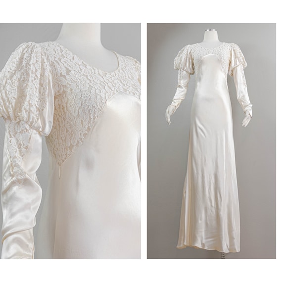 Lovely 30s White Crepe Backed Satin Wedding Dress… - image 1