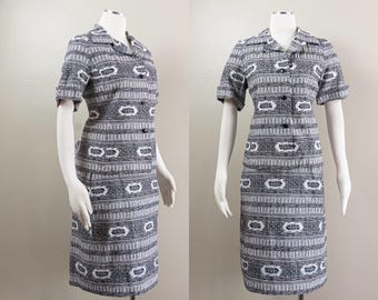 Completo gonna e gonna con stampa astratta in bianco e nero anni '60/'70, taglia L