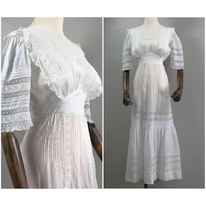 Antique Edwardian White Cotton Lawn Dress: Filly Lace Ruffles, XXS