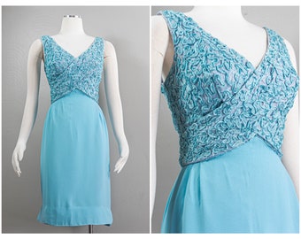 Chic 60s Sky Blue Rayon Crepe Wrap Wiggle Dress, Textured Soutache Top