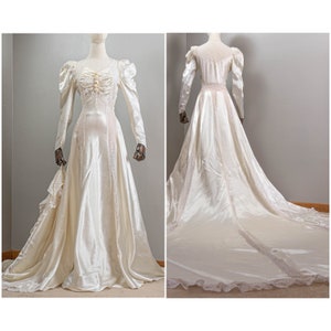 Romantic 40s White Rayon Satin and Lace Wedding Gown, Satin Roses with Pearl Beads, Wide Sweeping Train