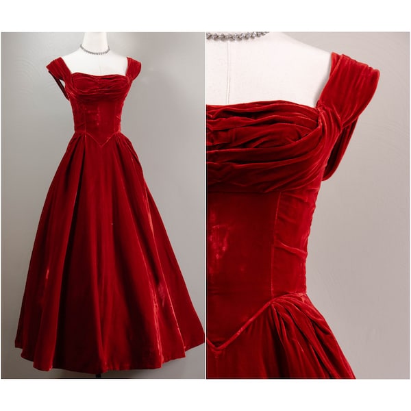 luxurious Rare Custom 50s Red Velvet Ceil Chapman Ball Gown/Evening Dress, Self Bust, Full Structured Skirt