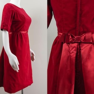 Darling 1960s Red Cotton Velvet Party Dress with Rayon Satin Bow Tail Back, Medium