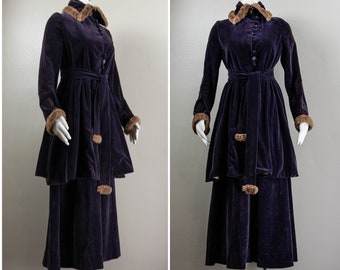 Wonderful 1910s Era Purple Cotton Velvet Walking Suite, Fur Trim, Winter Suit, Jacket and Skirt