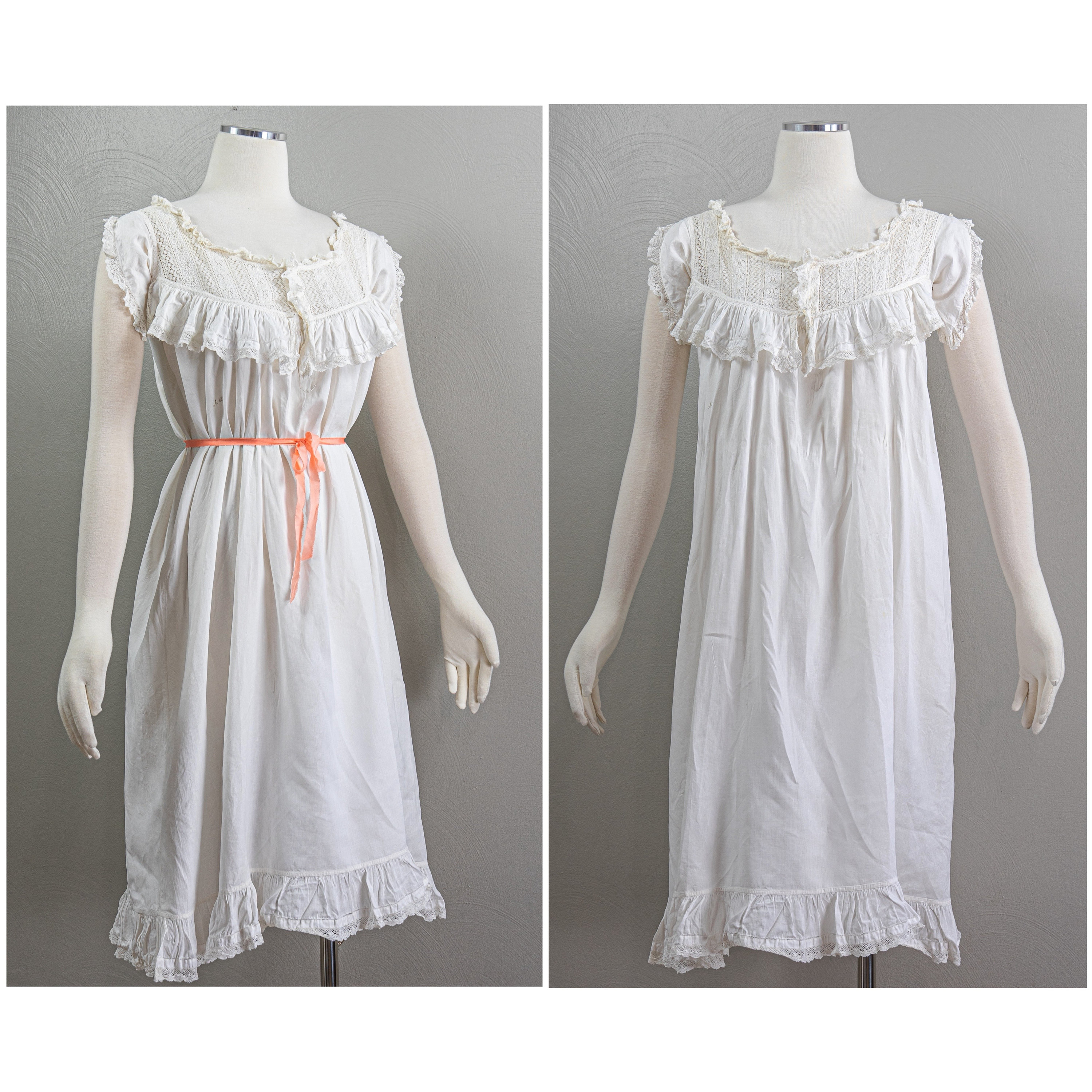 Antique Edwardian White, Linen, Shift/chemise, Lace Yoke
