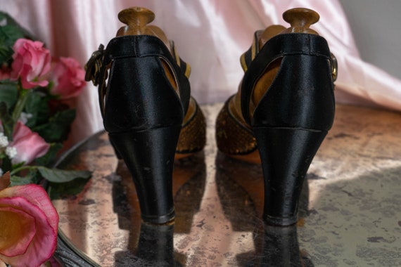 Glamorous 40s Black Satin Peep-Toe Heels with Gol… - image 9