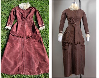 Antique c. 1870s-1880s Brown Silk Taffeta Wrapper Dress, Frilly Collar and Cuffs, As-is, Wearable