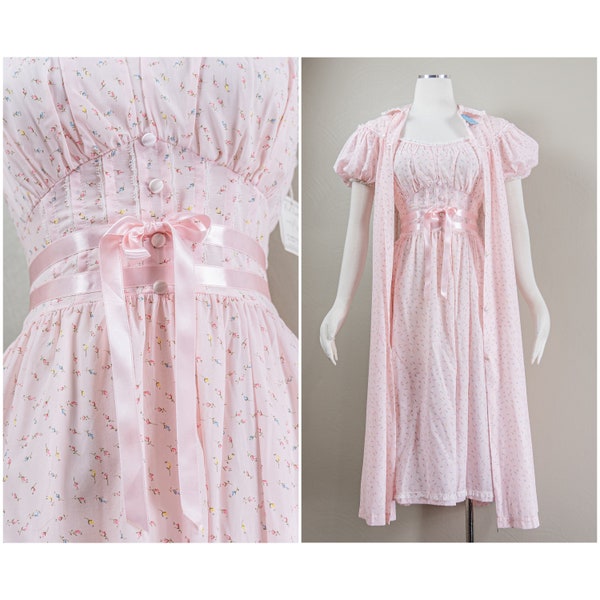 Darling 50s Pink Rose Bud Printed Peignoir Set, Nightgown and Robe, Lace Trim, Romantic, New with Tags