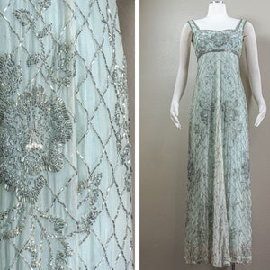 Stunning 60s Rosalie MaCrini Beaded Teal Silk Organza Evening Dress, Empire Waisted, Grecian Style image 1