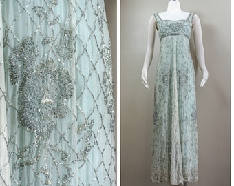 Stunning 60s Rosalie MaCrini Beaded Teal Silk Organza Evening Dress, Empire Waisted, Grecian Style