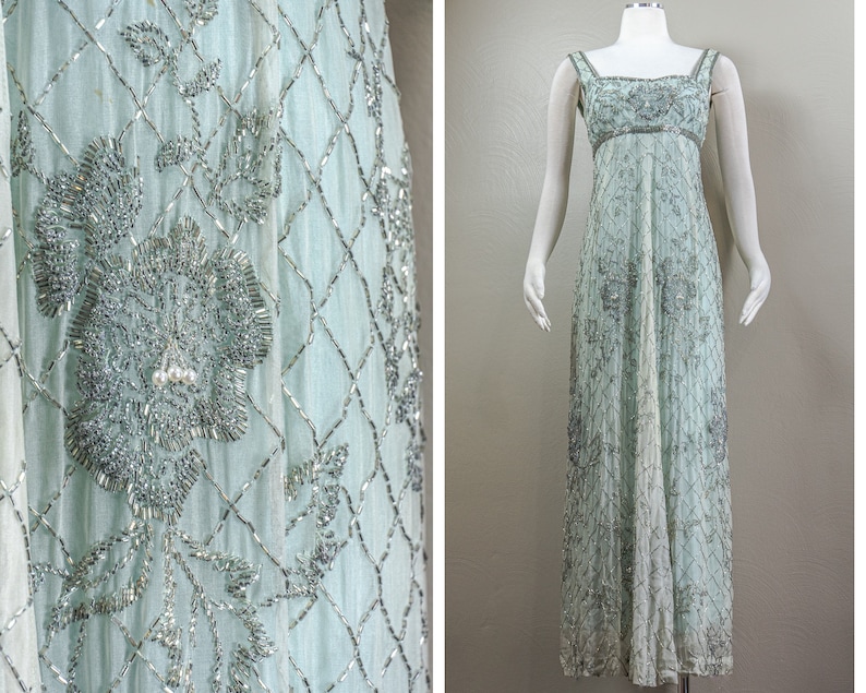 Stunning 60s Rosalie MaCrini Beaded Teal Silk Organza Evening Dress, Empire Waisted, Grecian Style image 1
