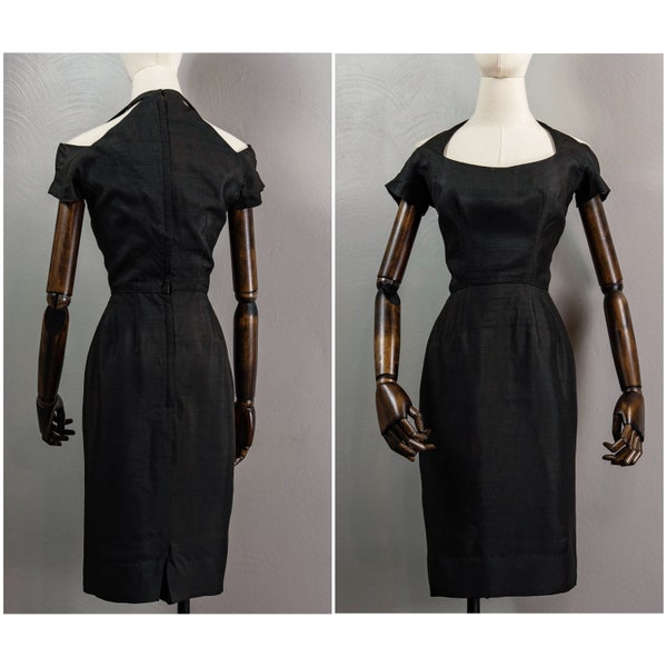 Sexy 50s Silk Shantung Little Black Dress, Killer Cold Shoulder Cut Outs, Wiggle Dress