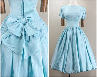 Lovley 50s Sky Blue Rayon Taffeta Bubble Hem Dress, Full Skirt, Bow Detail