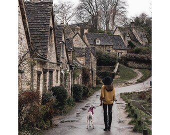 A Girl with Her Whippet Print, Bibury Village in England, Wall Art Print, Winter Photography, UK, Wall Decor, Home Decor