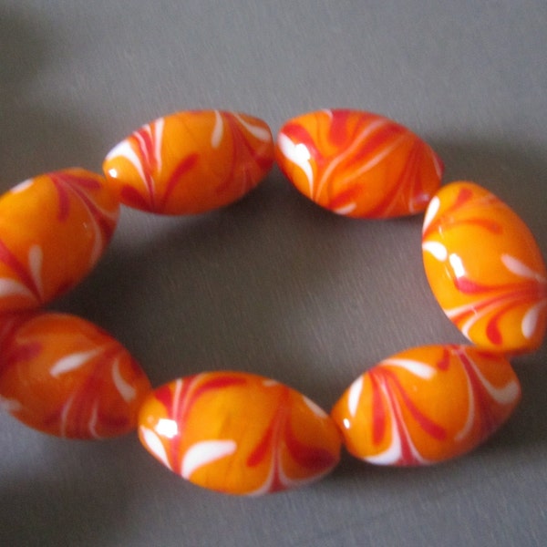 6 handgemachte Murano Perlen oval, Orangerot, 20,5 mm x 13 mm
